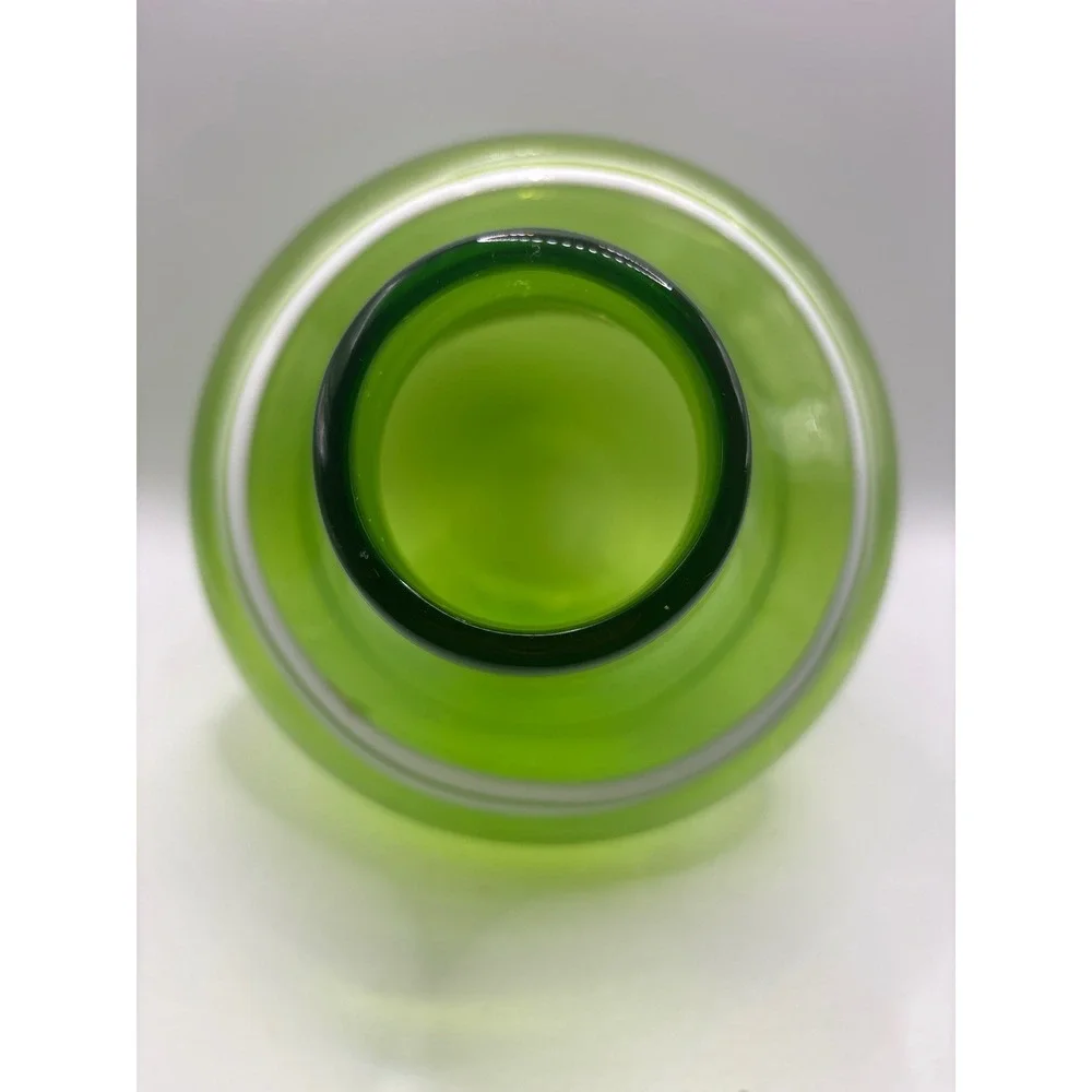 Mid Century Modern Green Art Glass Vase with White Stripes Hand Blown Decor